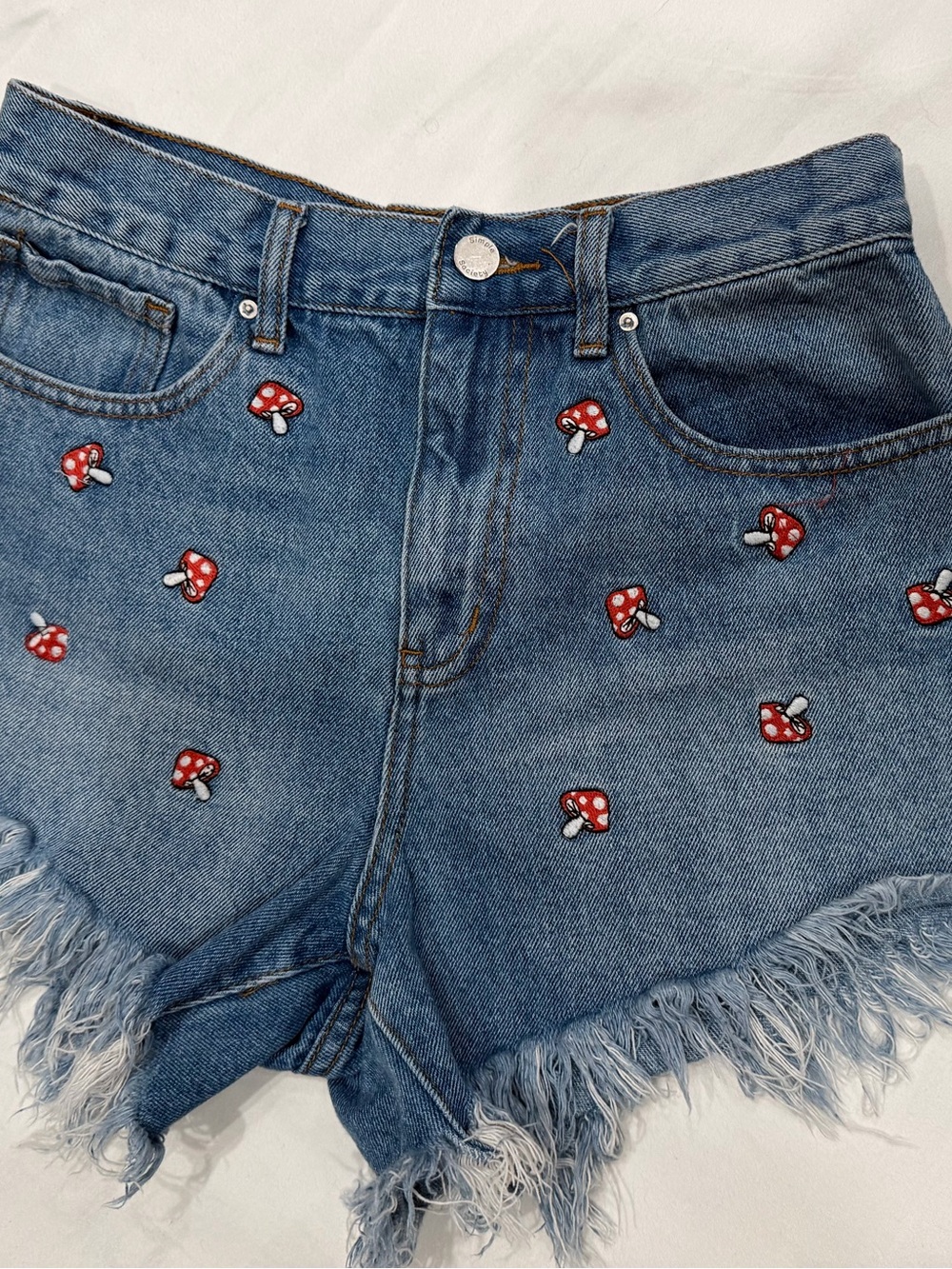 Embroidered Mushroom Denim Shorts - Blue